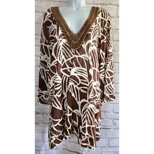 Hermanny By Vix Brown Tan Beaded Bodice Island Print Swim Cover Up L NWTS